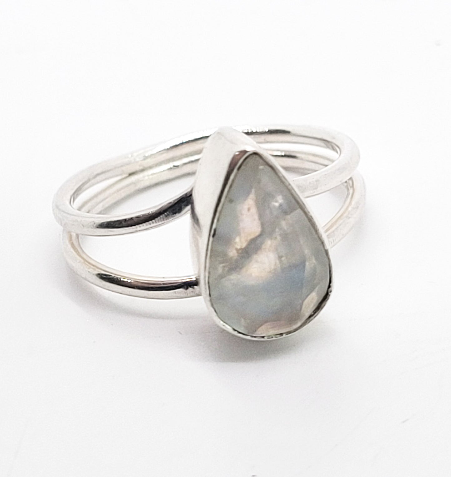 Rainbow flash faceted pear cut moonstone split shank sterling silver ring size 9