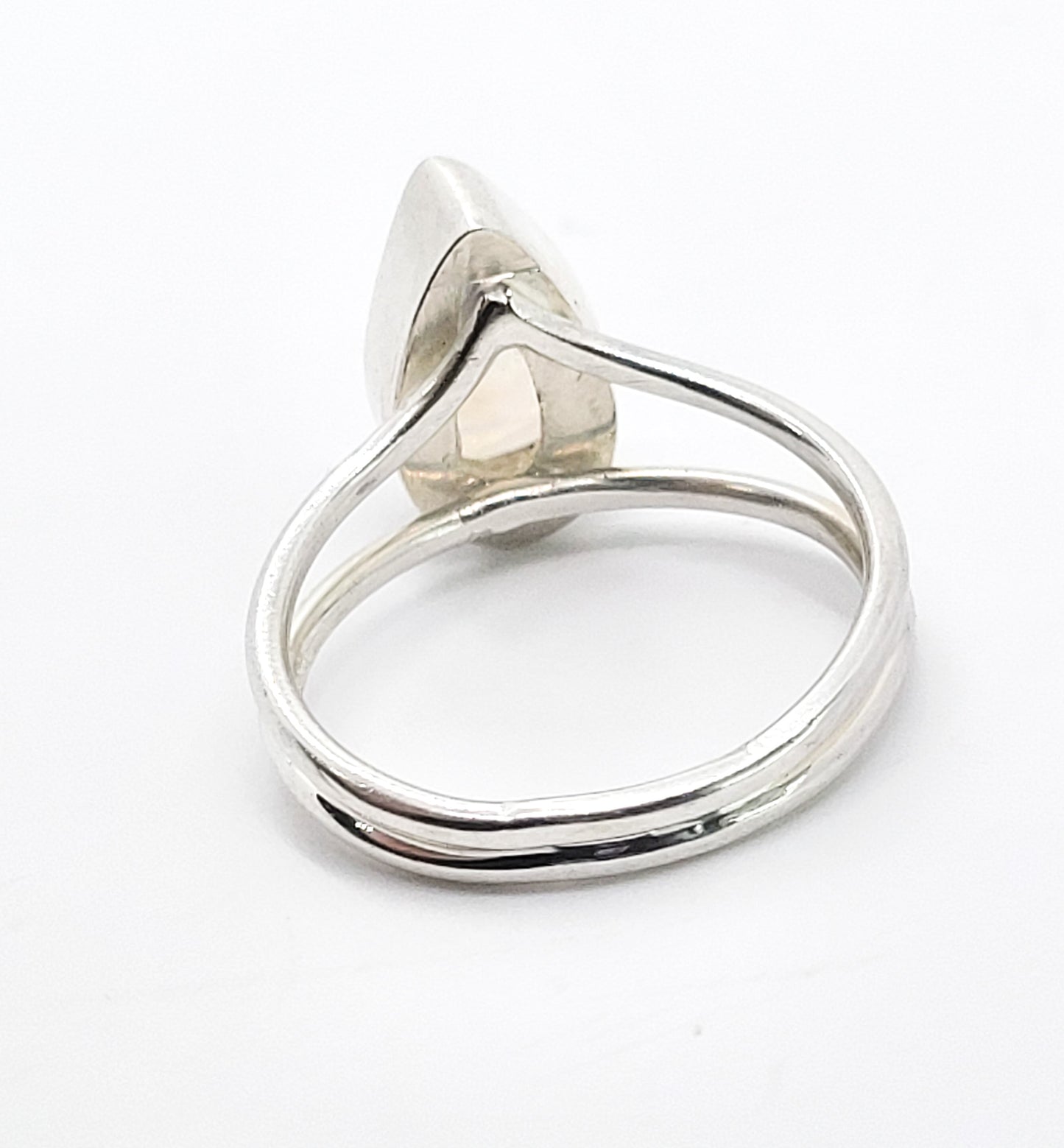 Rainbow flash faceted pear cut moonstone split shank sterling silver ring size 9