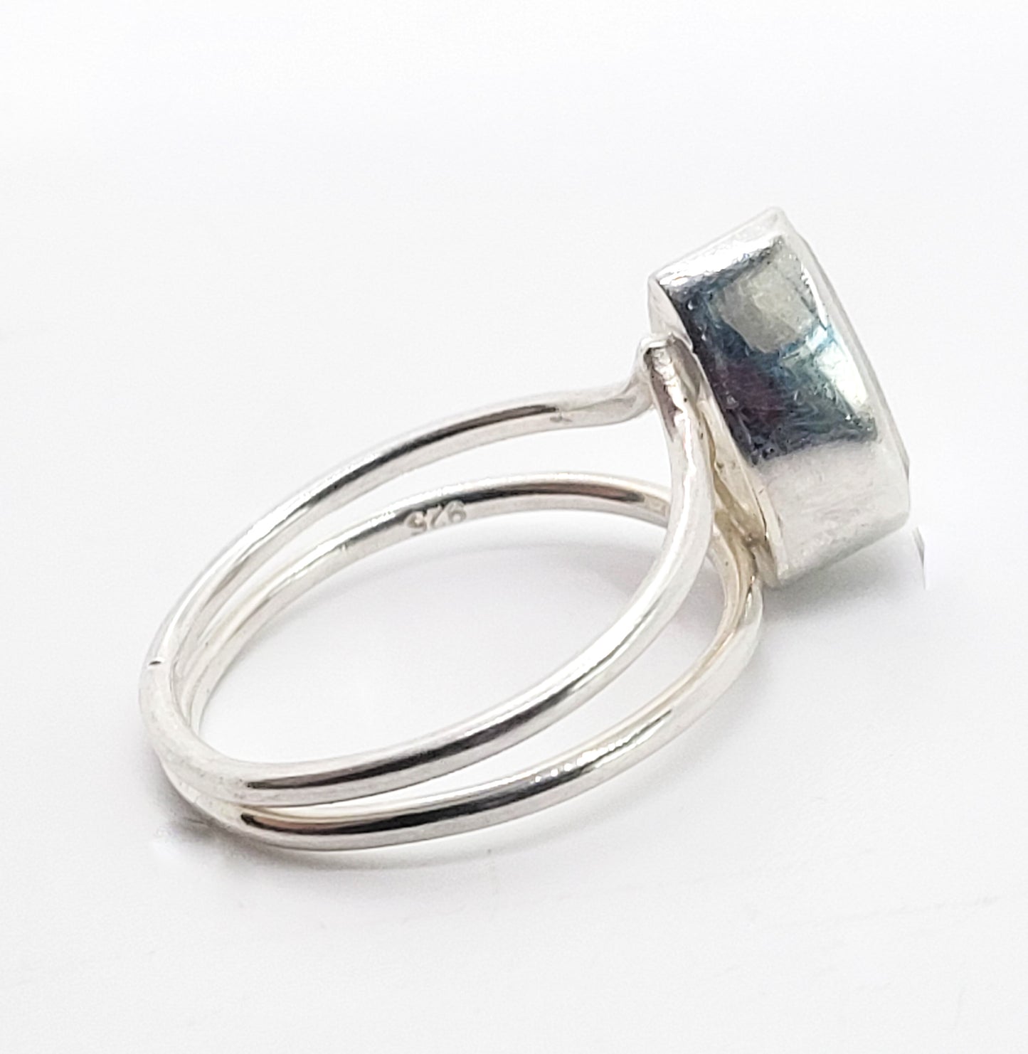 Rainbow flash faceted pear cut moonstone split shank sterling silver ring size 9