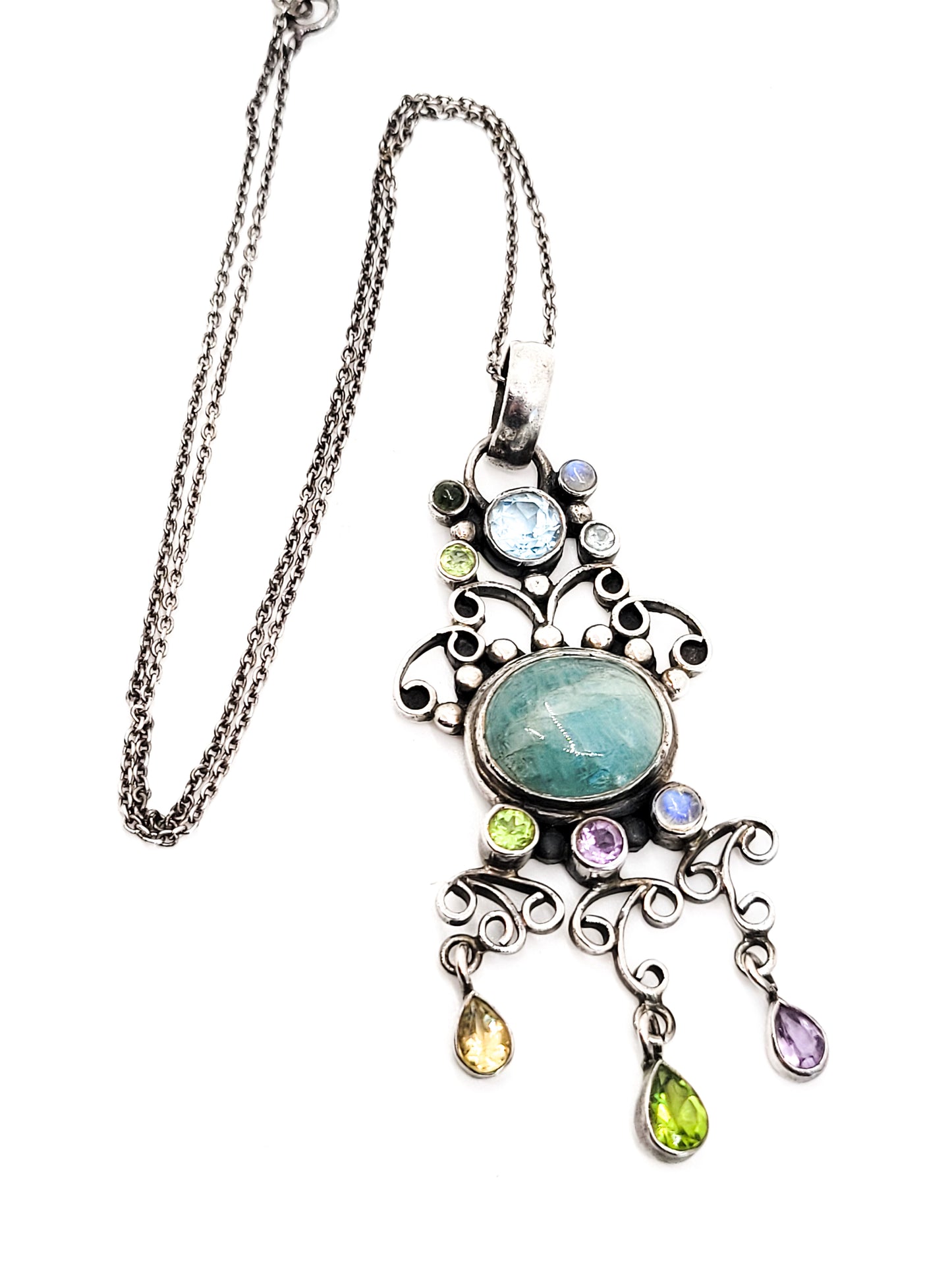 Large Fluorite sterling silver multi gemstone sterling silver necklace