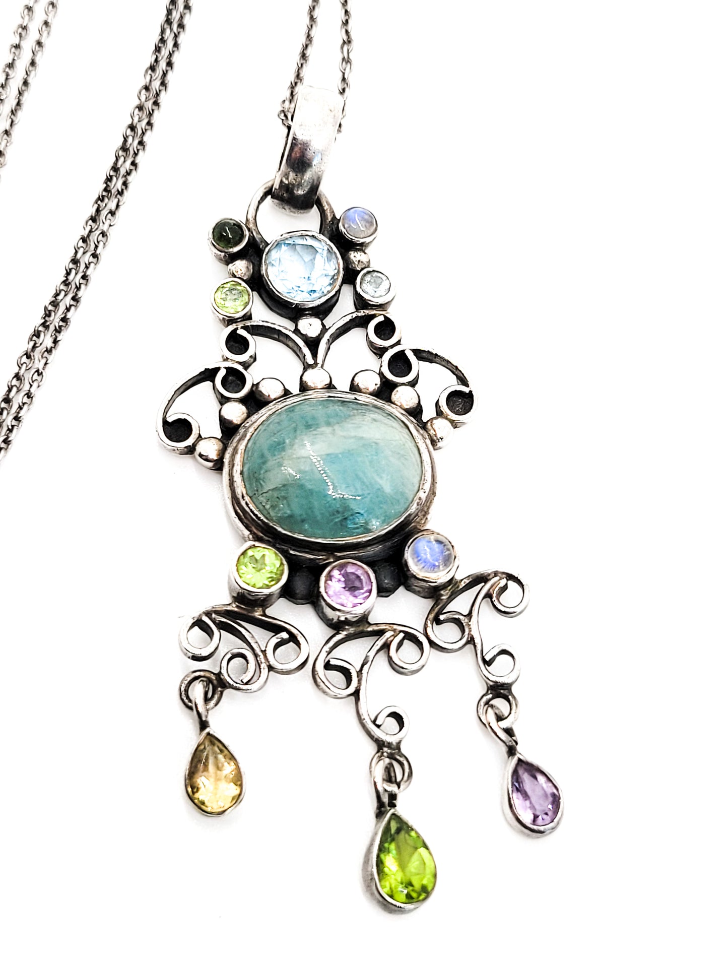 Large Fluorite sterling silver multi gemstone sterling silver necklace