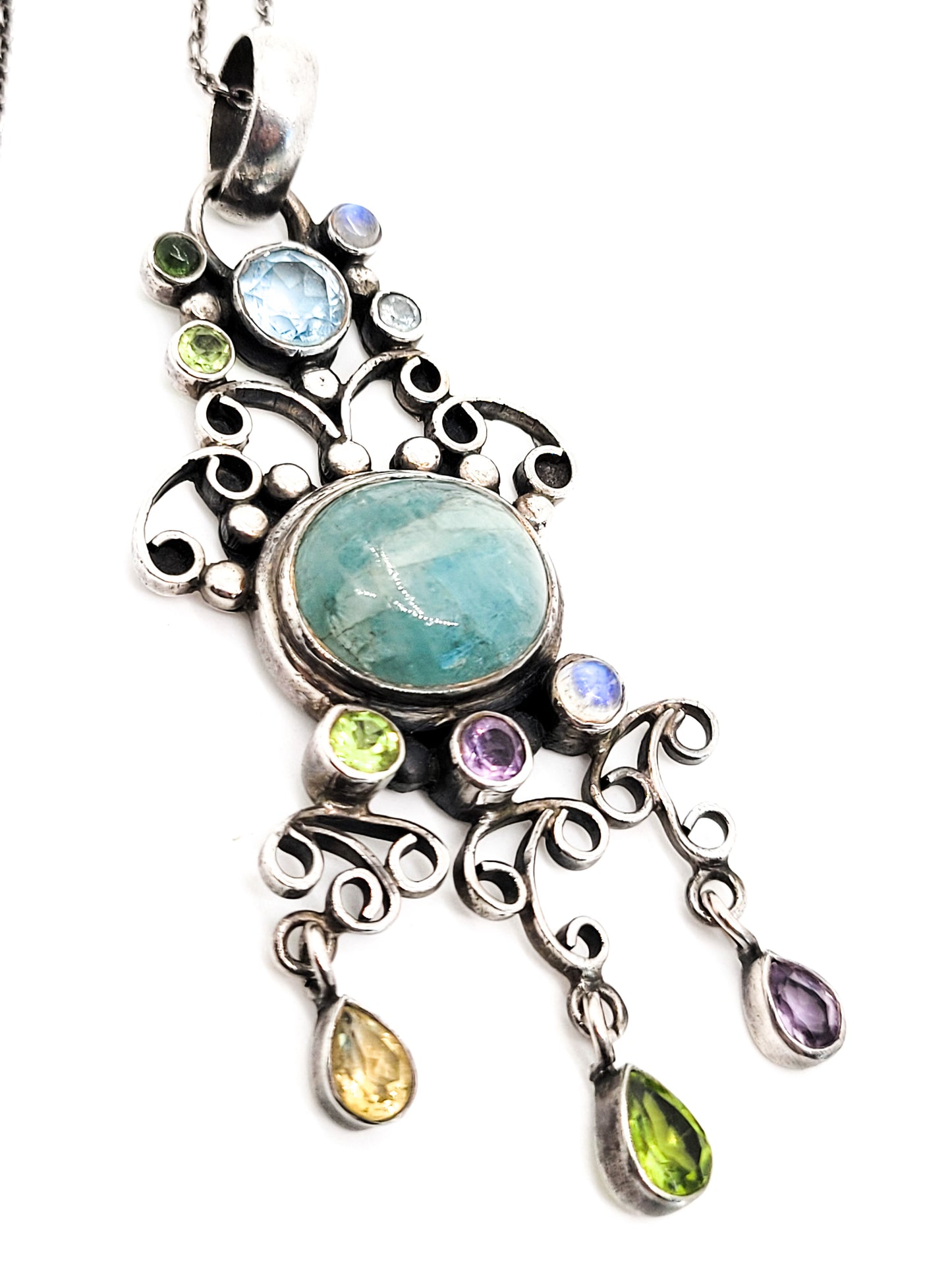 Large Fluorite sterling silver multi gemstone sterling silver necklace