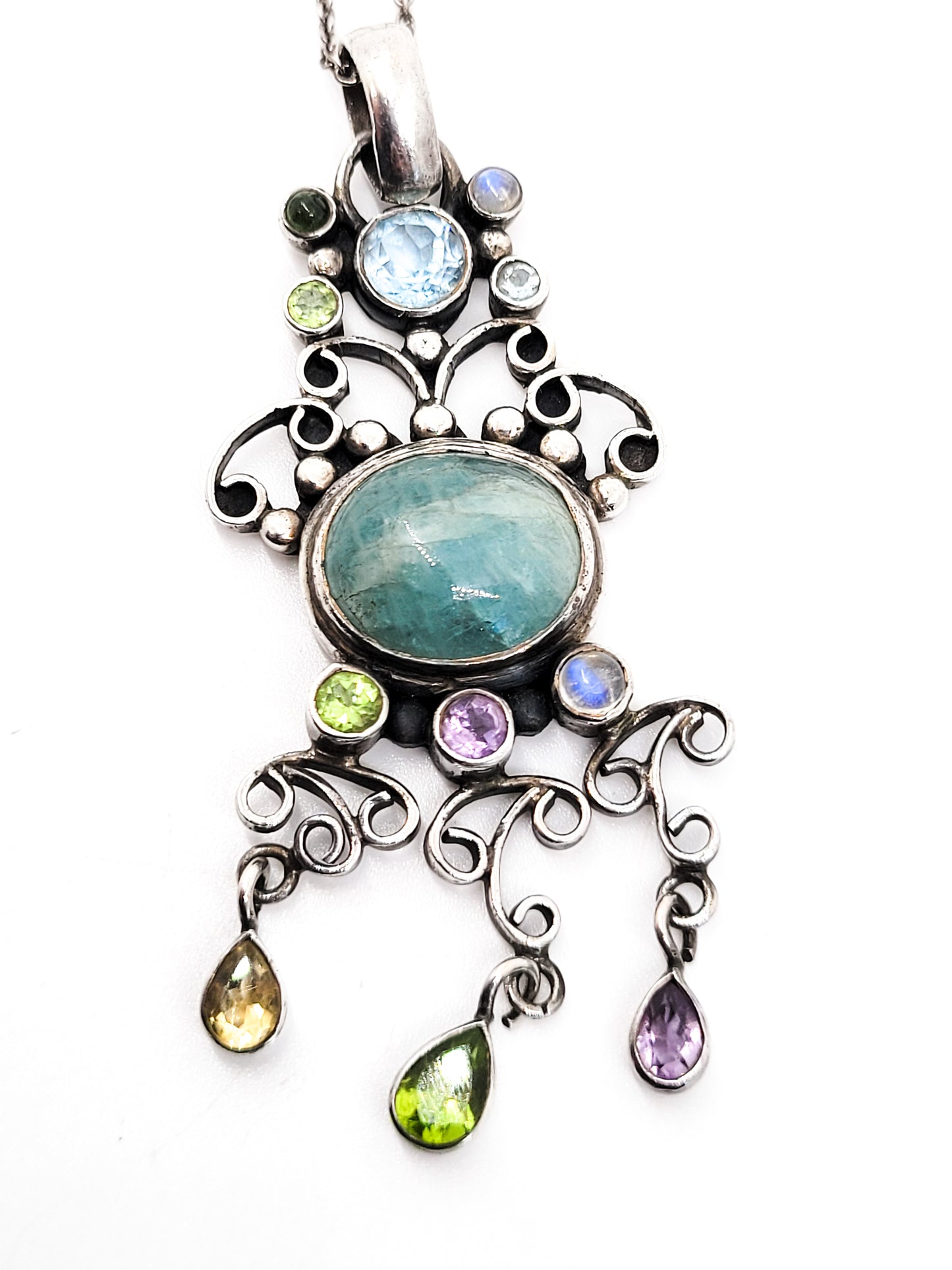 Large Fluorite sterling silver multi gemstone sterling silver necklace