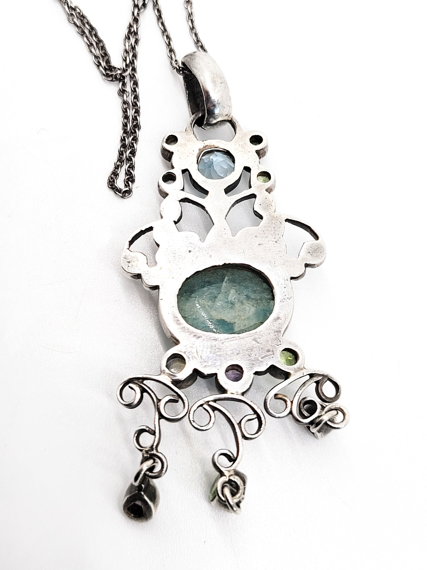 Large Fluorite sterling silver multi gemstone sterling silver necklace