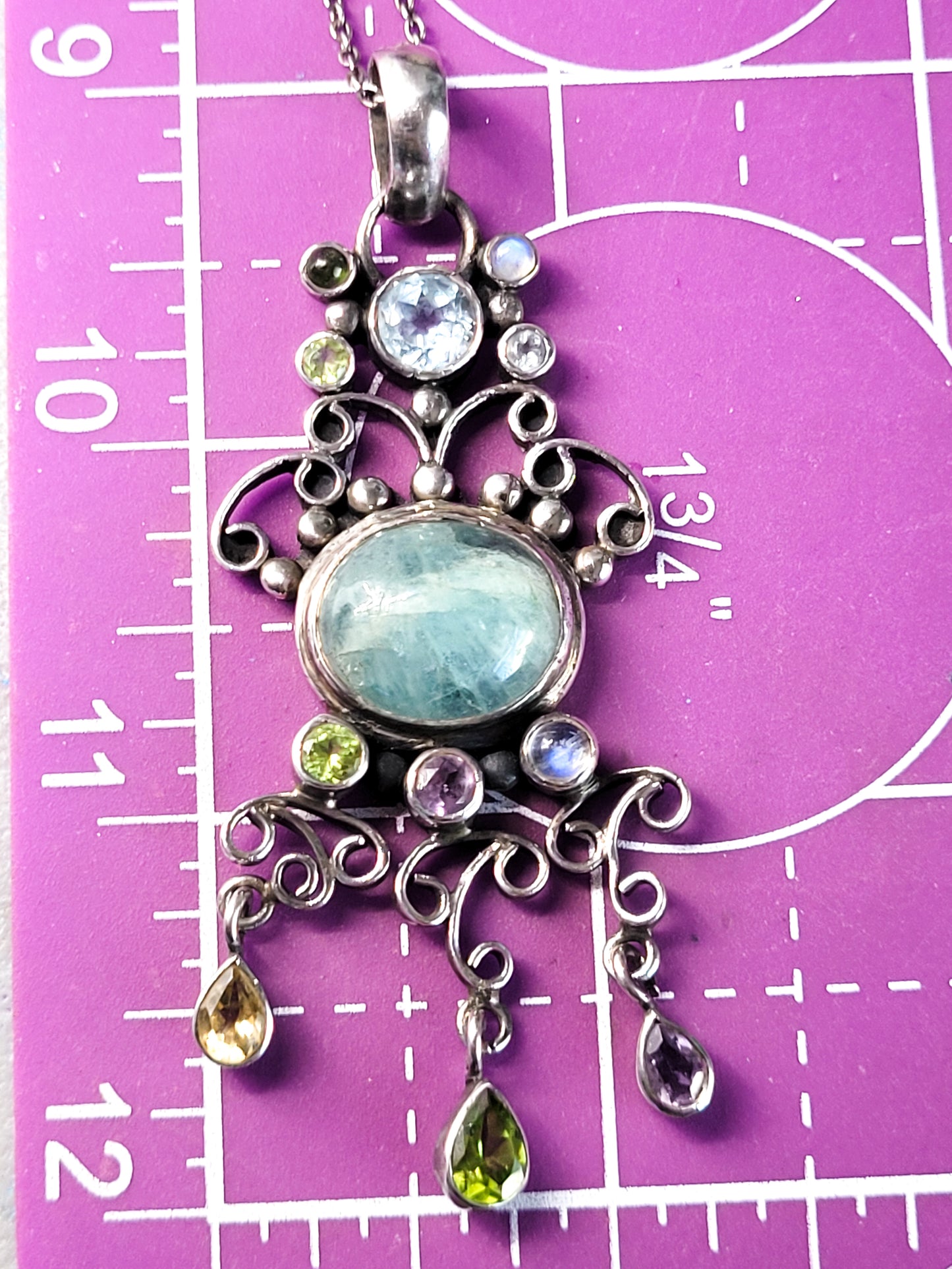 Large Fluorite sterling silver multi gemstone sterling silver necklace