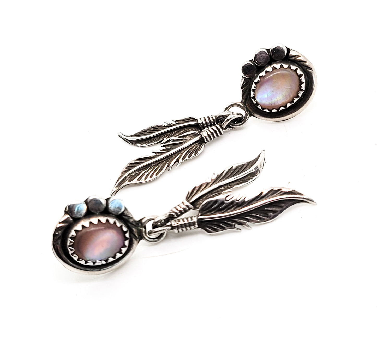 Pink Slipper Shell Native American sterling silver feather drop vintage earrings