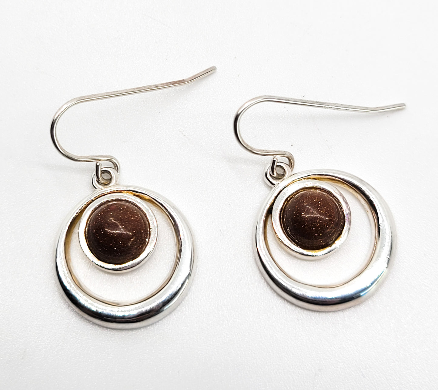 Goldstone Modernist sterling silver drop hoop vintage earrings