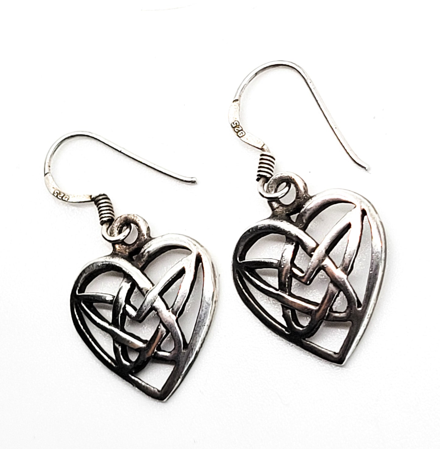 Celtic trinity knot vintage heart sterling silver drop earrings