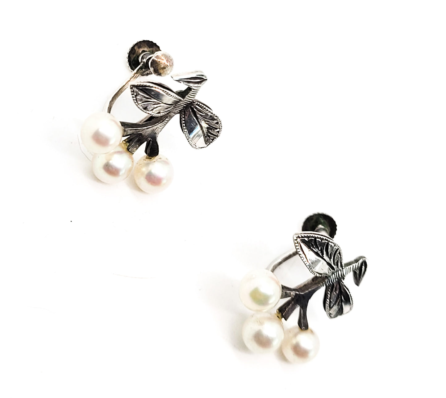 Cherry vintage Akoya pearl sterling silver screw back cherry fruit earrings