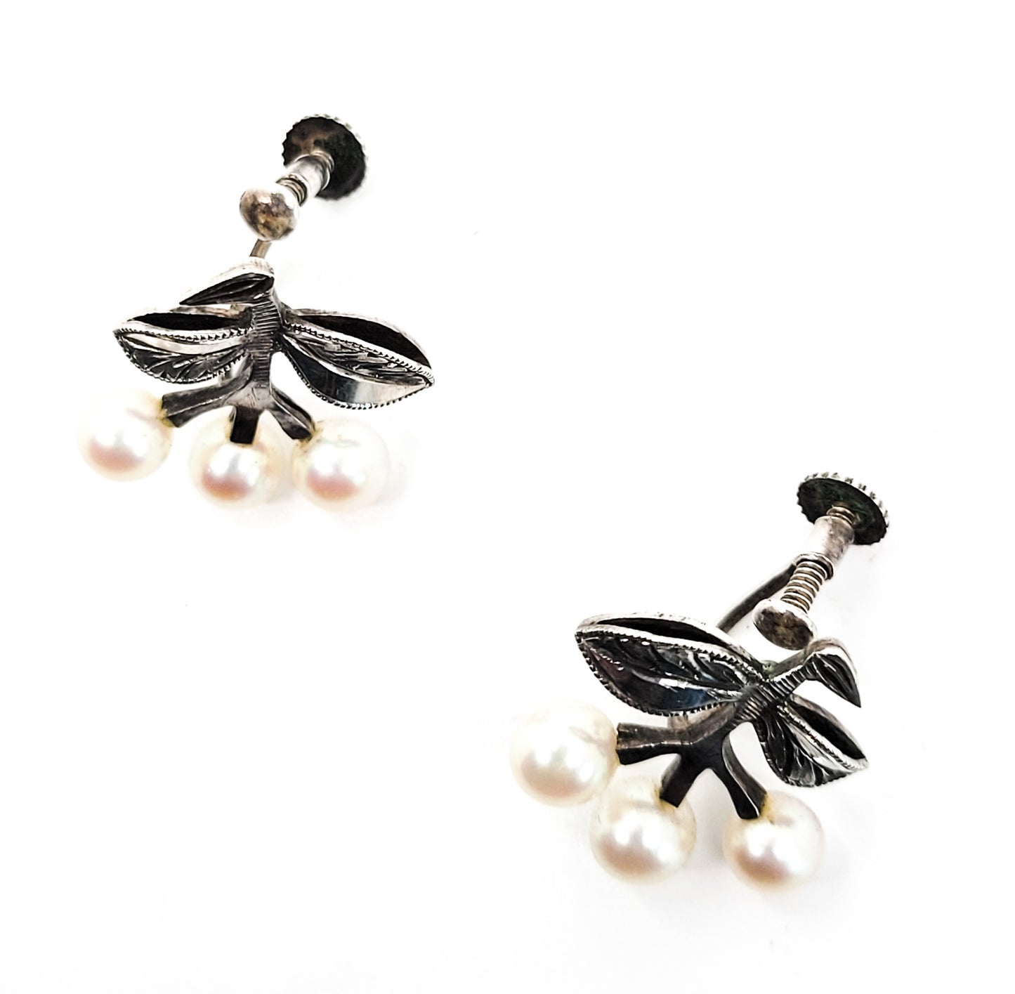 Cherry vintage Akoya pearl sterling silver screw back cherry fruit earrings