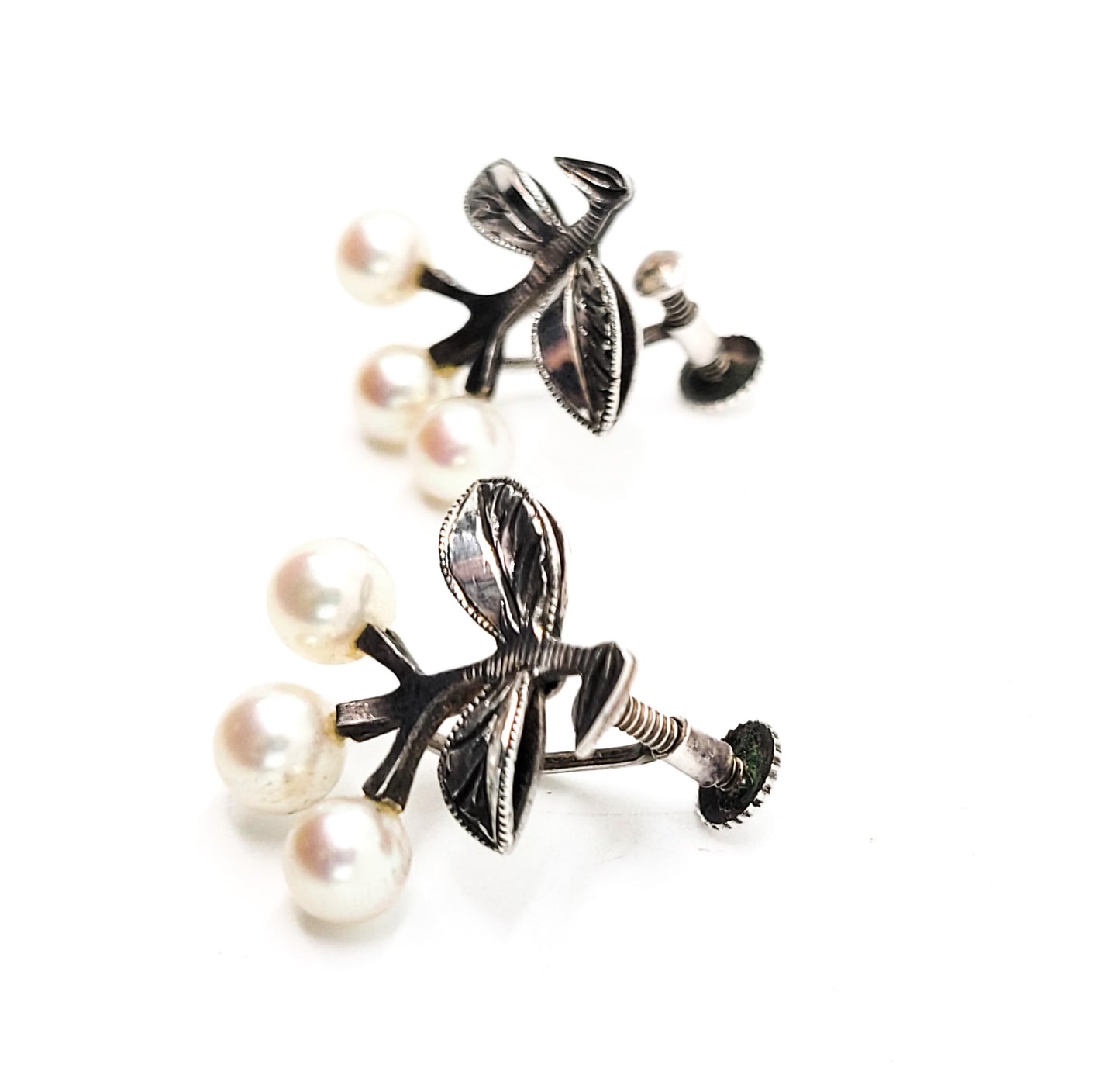 Cherry vintage Akoya pearl sterling silver screw back cherry fruit earrings