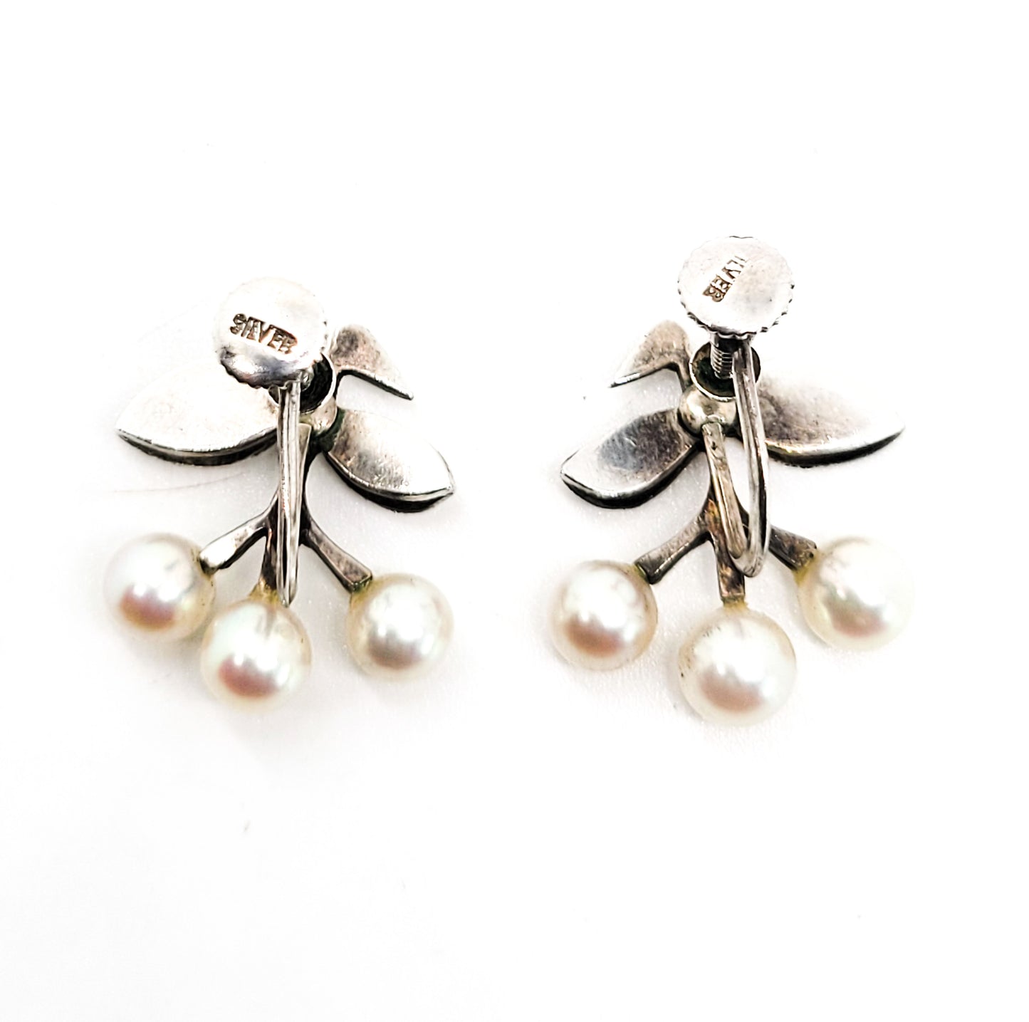 Cherry vintage Akoya pearl sterling silver screw back cherry fruit earrings