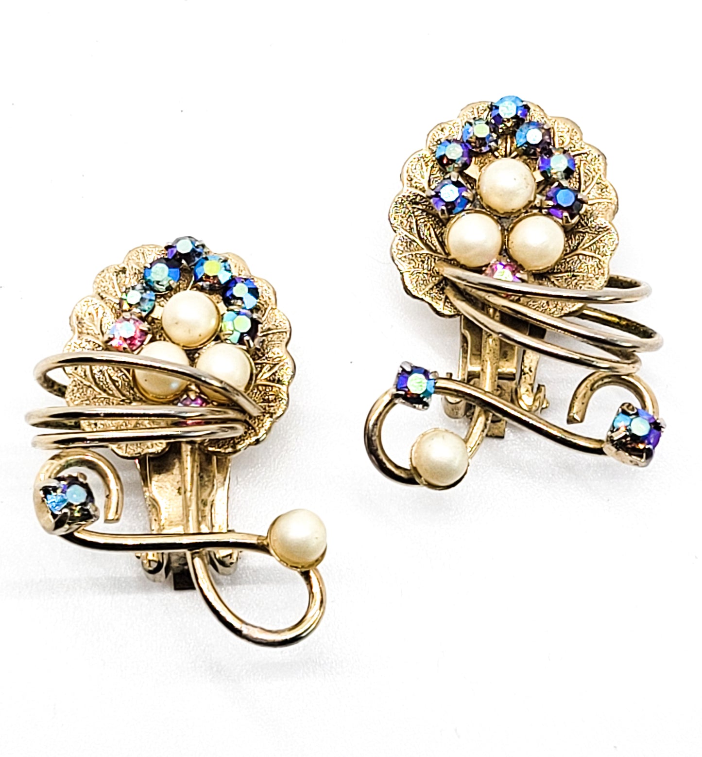 Hobe signed Aura Borealis faux pearl grape leaf vintage rhinestone clip on earrings