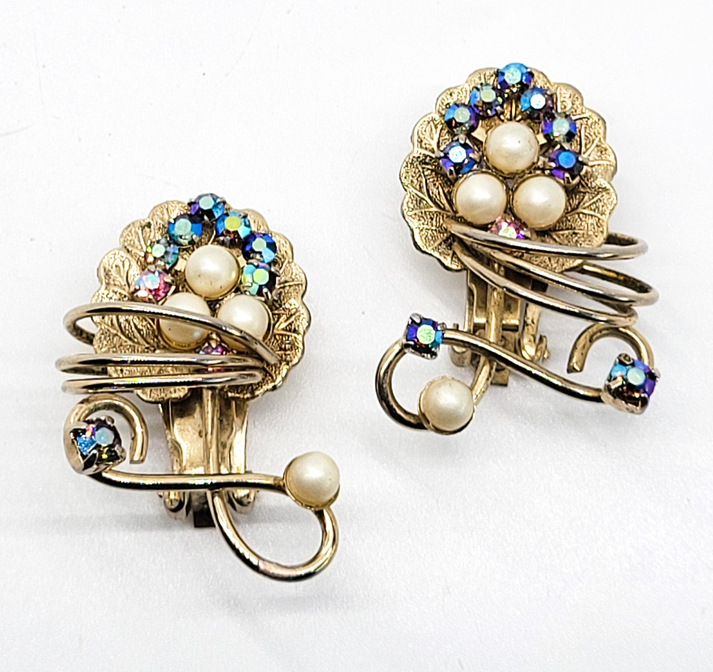 Hobe signed Aura Borealis faux pearl grape leaf vintage rhinestone clip on earrings