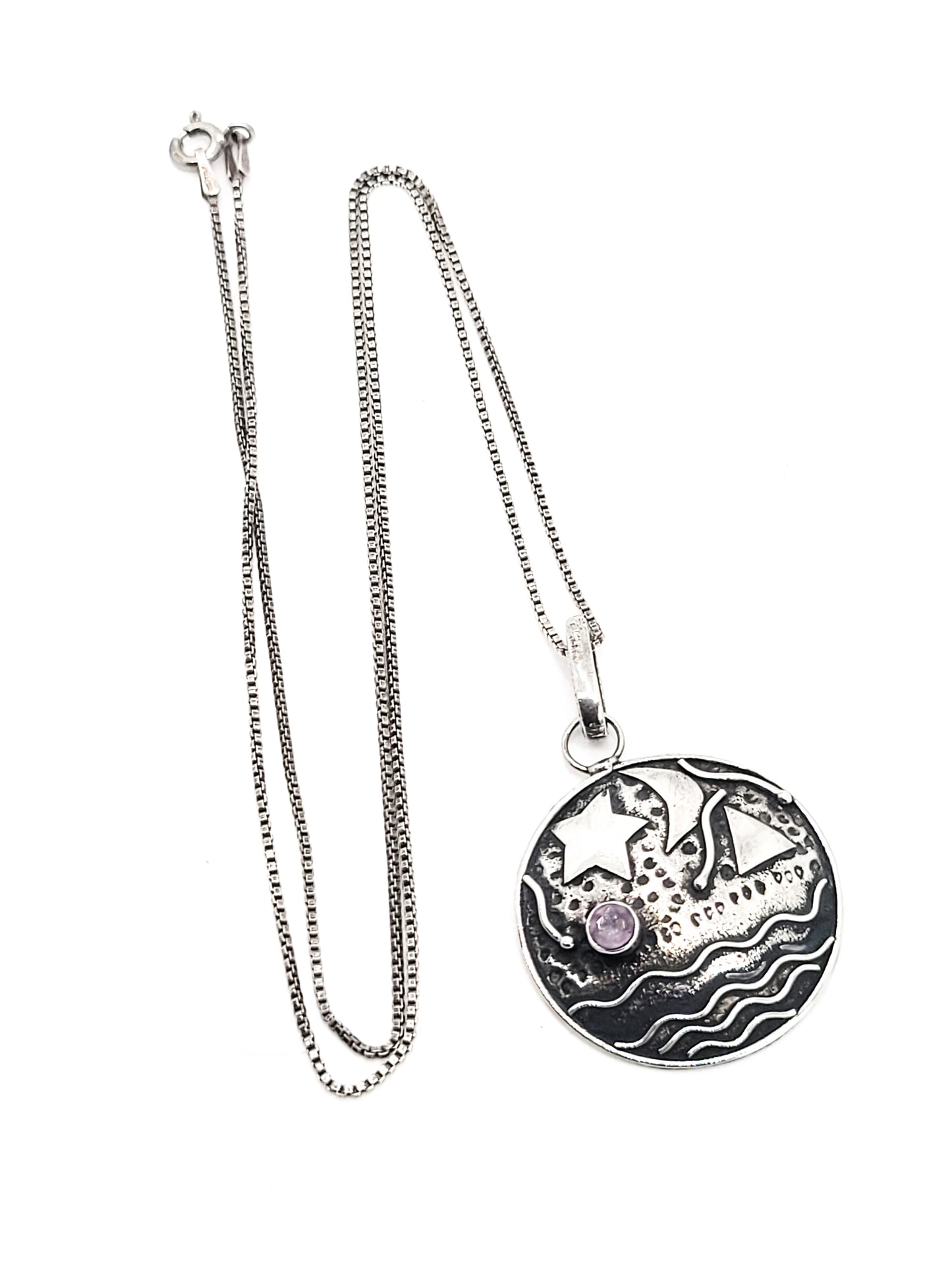 Celestial moon and stars artisan handcrafted Amethyst and sterling silver puffy necklace