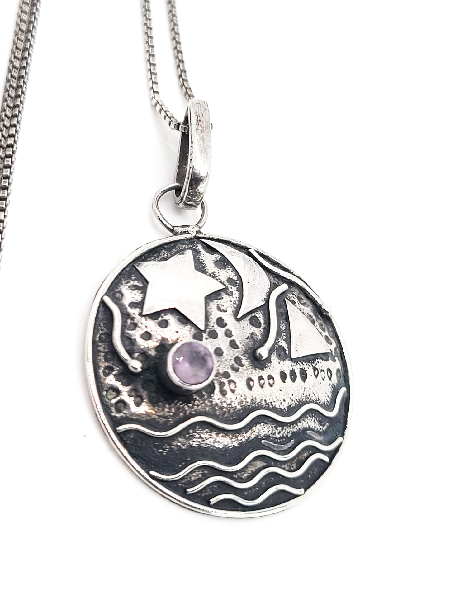 Celestial moon and stars artisan handcrafted Amethyst and sterling silver puffy necklace