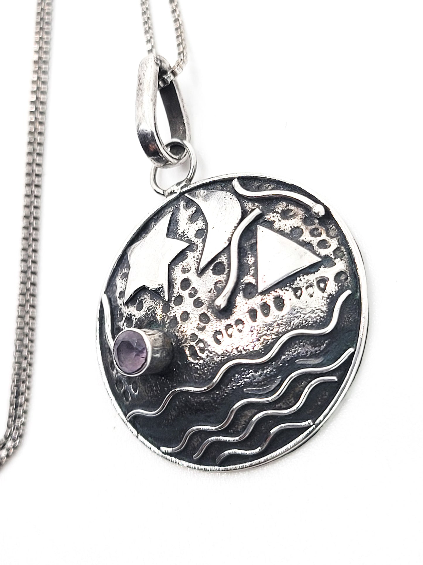 Celestial moon and stars artisan handcrafted Amethyst and sterling silver puffy necklace