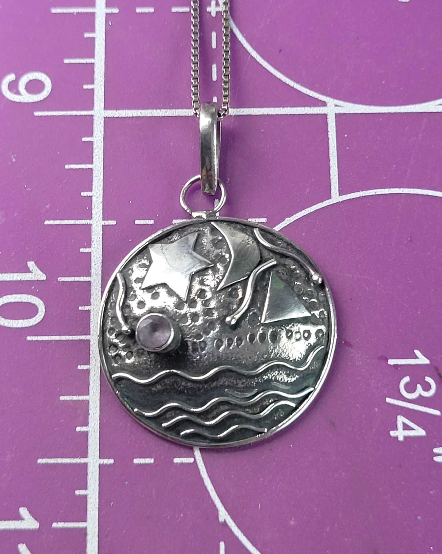 Celestial moon and stars artisan handcrafted Amethyst and sterling silver puffy necklace