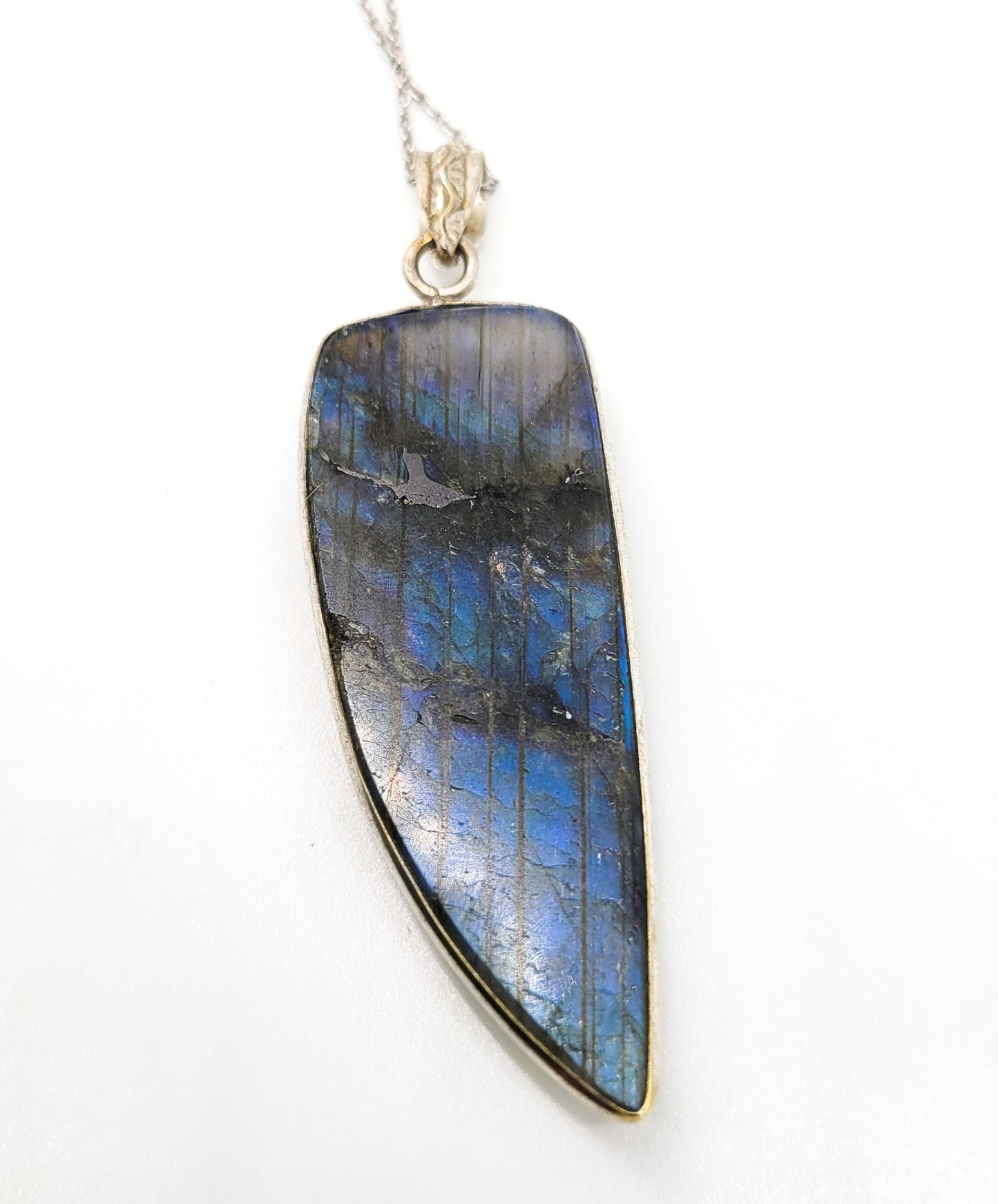 Deep Blue long Labradorite vintage sterling silver pendant necklace