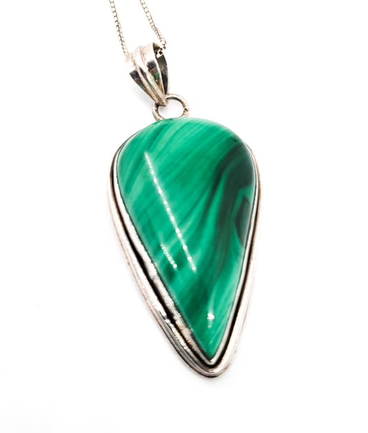 Malachite banded pear cut green gemstone vintage sterling silver necklace