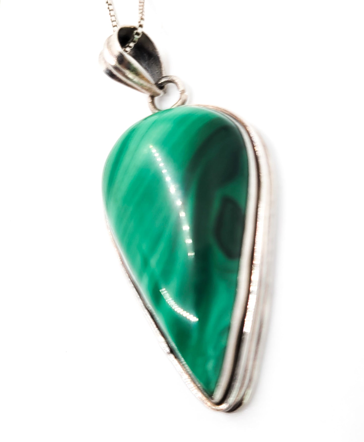 Malachite banded pear cut green gemstone vintage sterling silver necklace