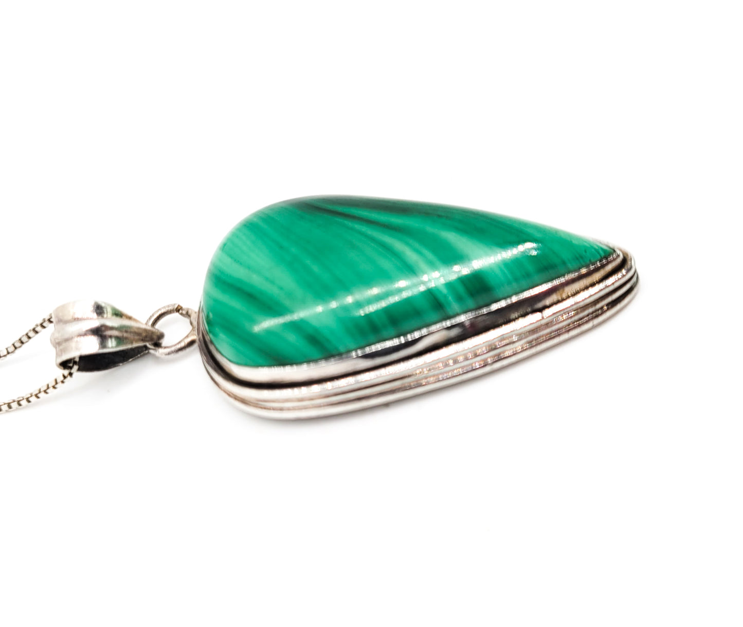 Malachite banded pear cut green gemstone vintage sterling silver necklace