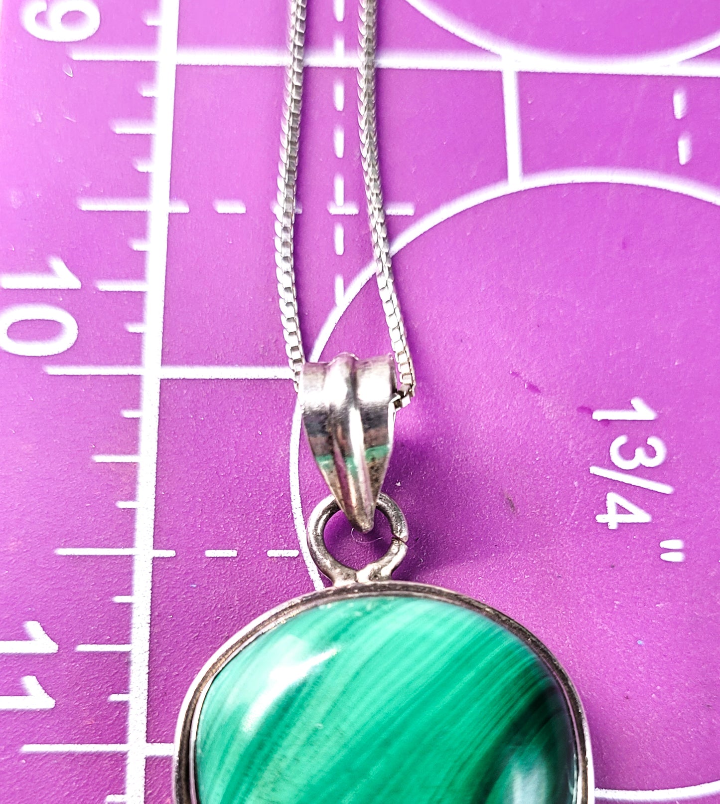 Malachite banded pear cut green gemstone vintage sterling silver necklace