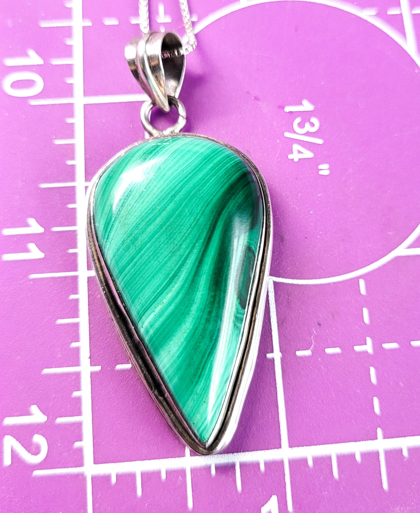 Malachite banded pear cut green gemstone vintage sterling silver necklace
