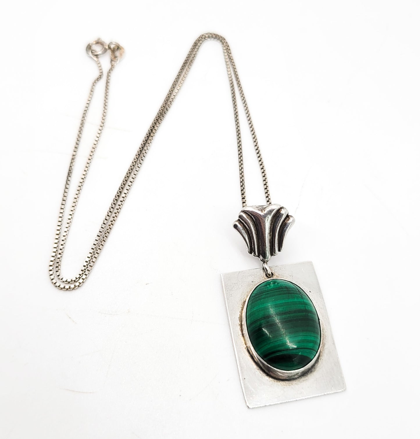 Malachite artisan created banded green gemstone vintage sterling silver necklace