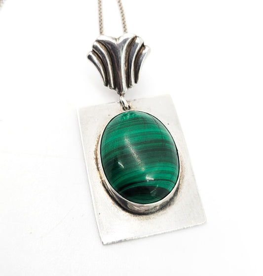 Malachite artisan created banded green gemstone vintage sterling silver necklace