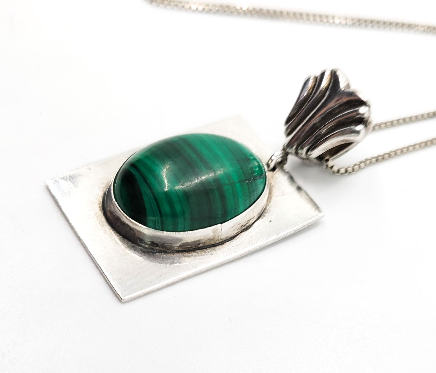 Malachite artisan created banded green gemstone vintage sterling silver necklace