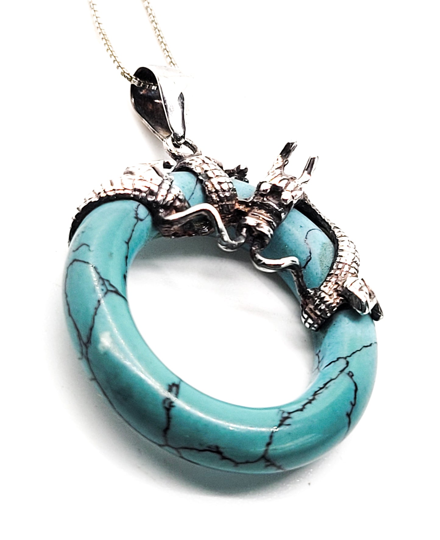Coiled dragon sterling silver blue ring pendant necklace