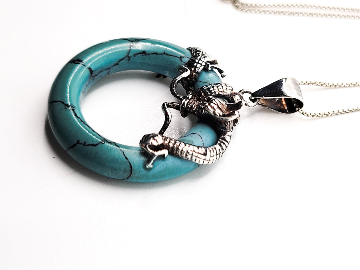 Coiled dragon sterling silver blue ring pendant necklace