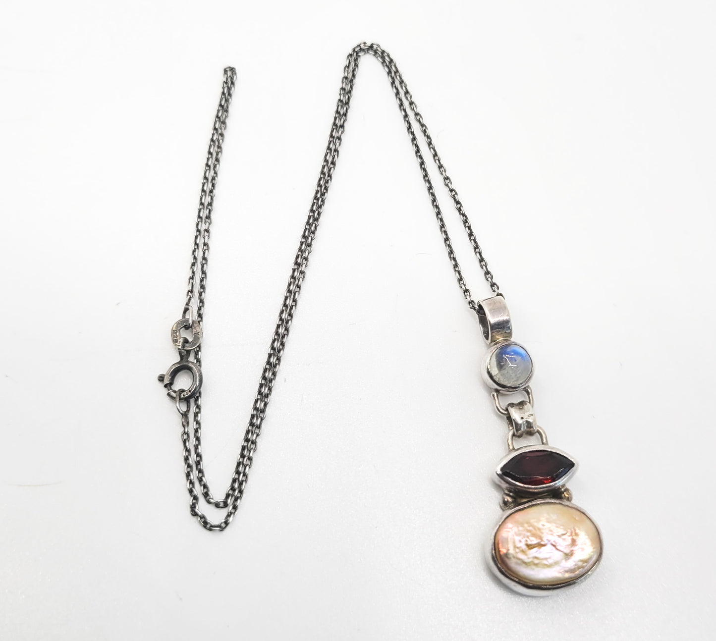 Articulated Blue Moonstone Garnet and pearl sterling silver vintage necklace
