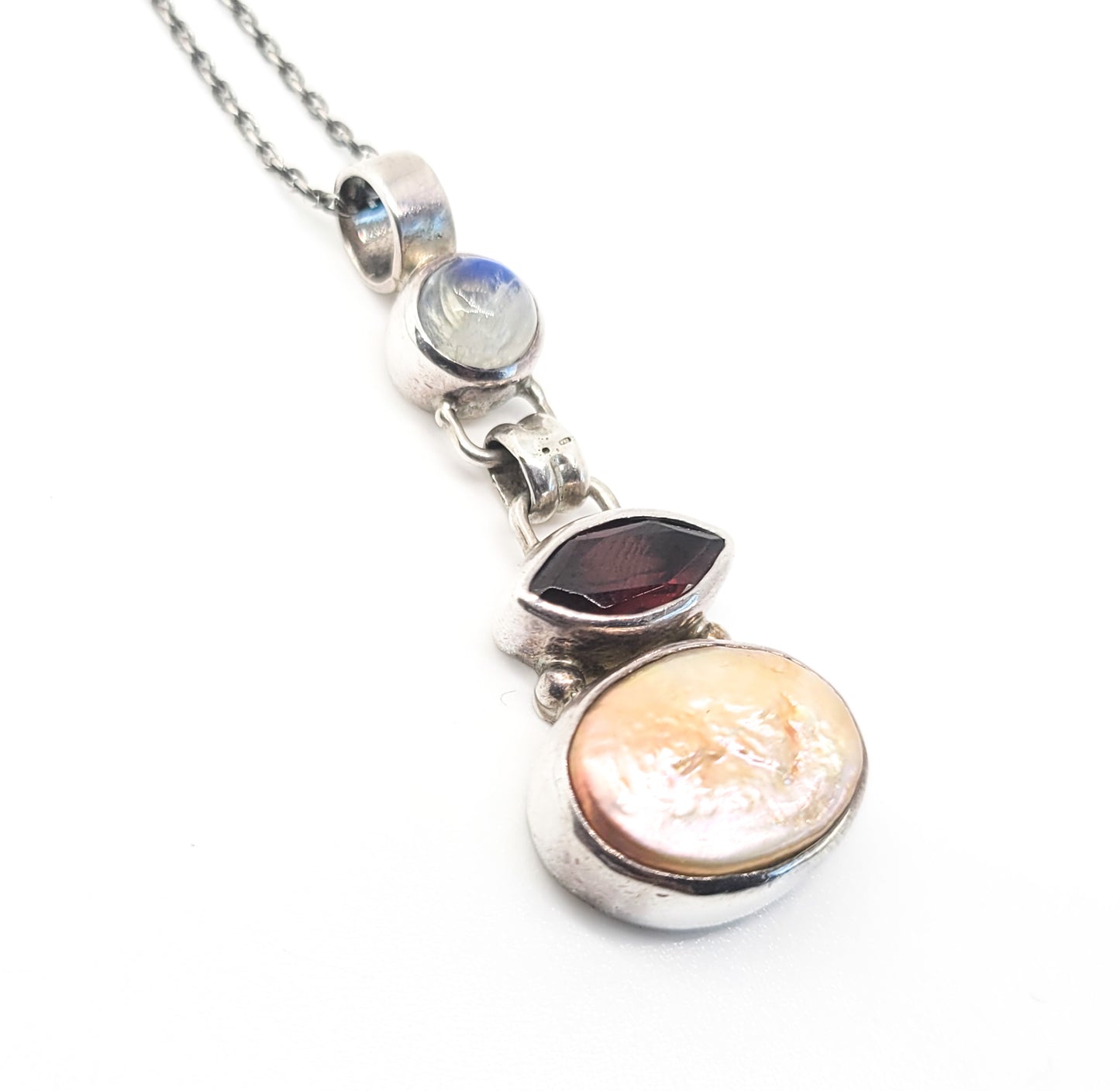 Articulated Blue Moonstone Garnet and pearl sterling silver vintage necklace