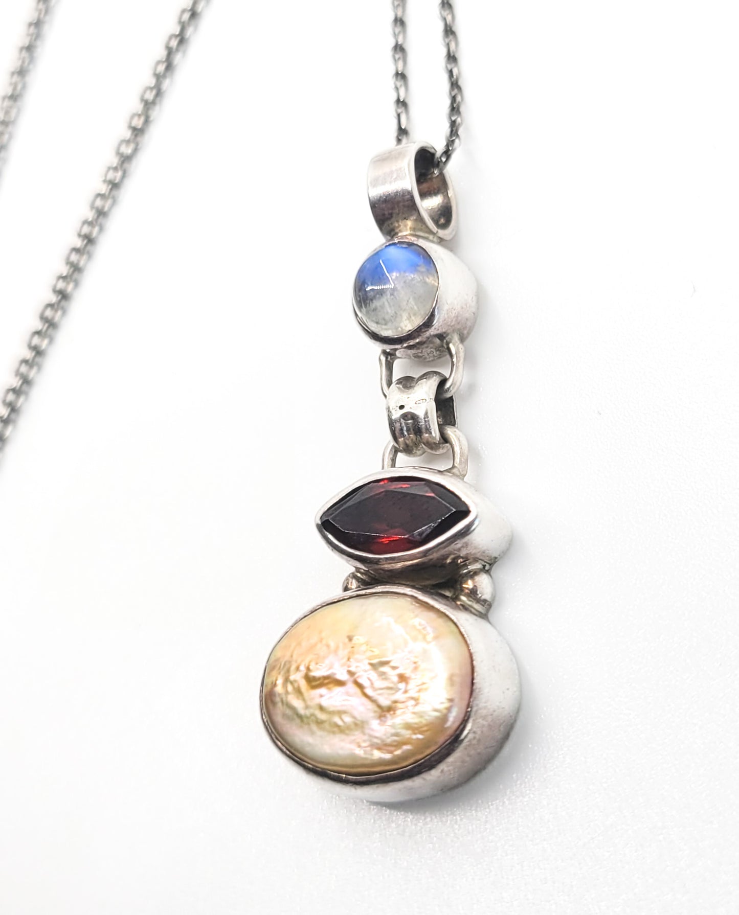 Articulated Blue Moonstone Garnet and pearl sterling silver vintage necklace