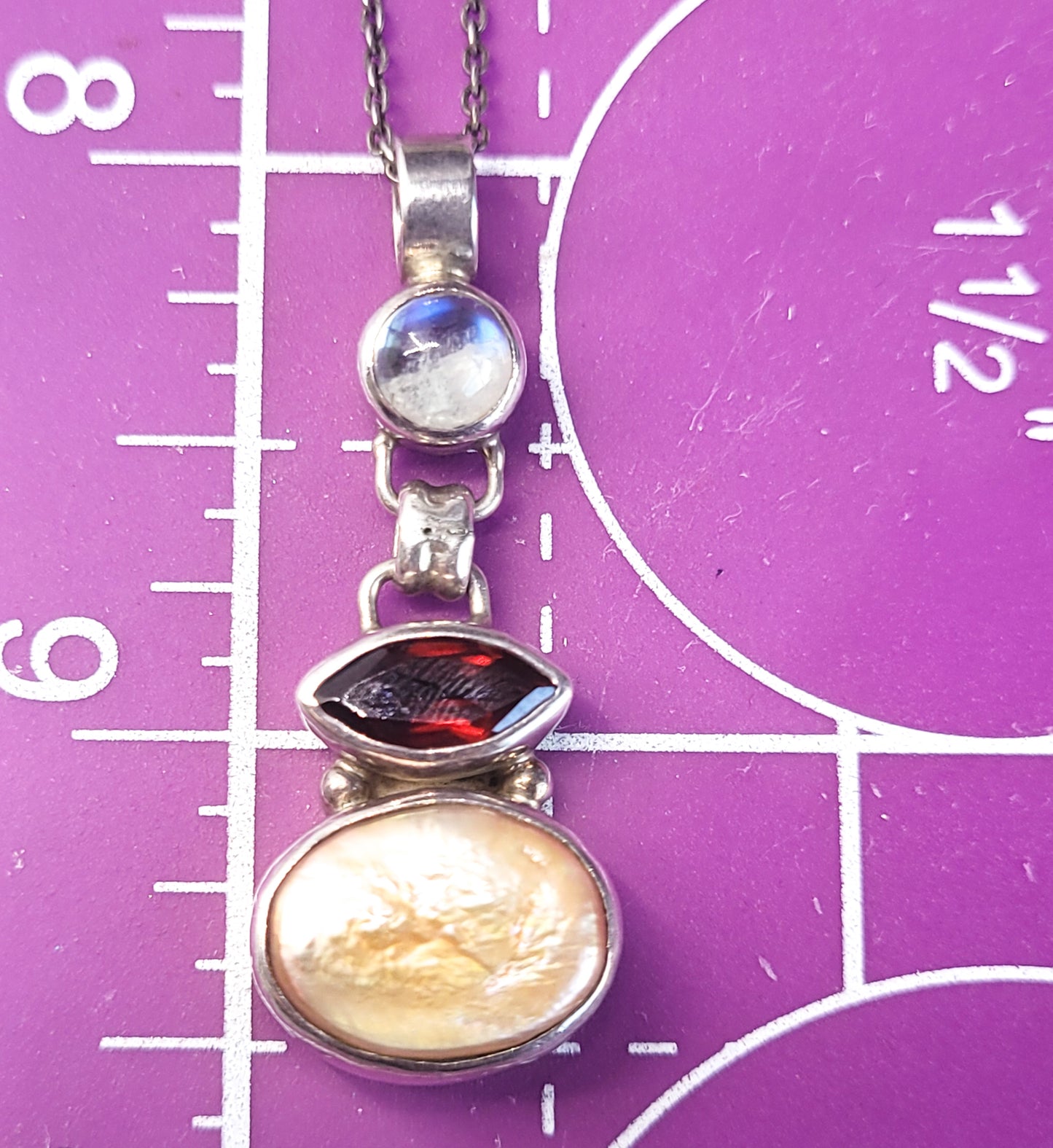 Articulated Blue Moonstone Garnet and pearl sterling silver vintage necklace