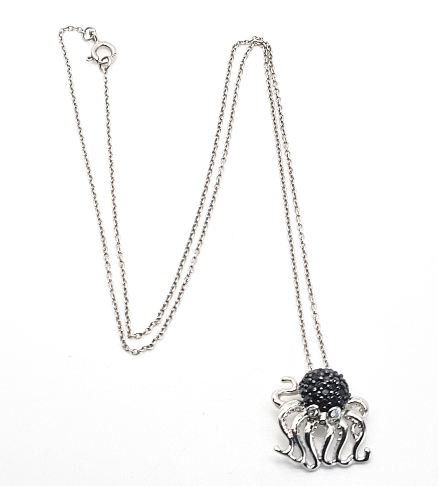 Octopus black and white Cubic Zirconia FD signed sterling silver pendant necklace