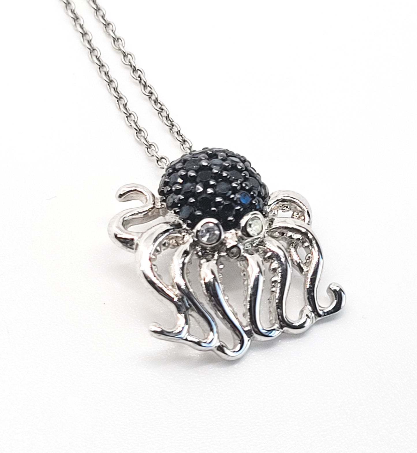 Octopus black and white Cubic Zirconia FD signed sterling silver pendant necklace
