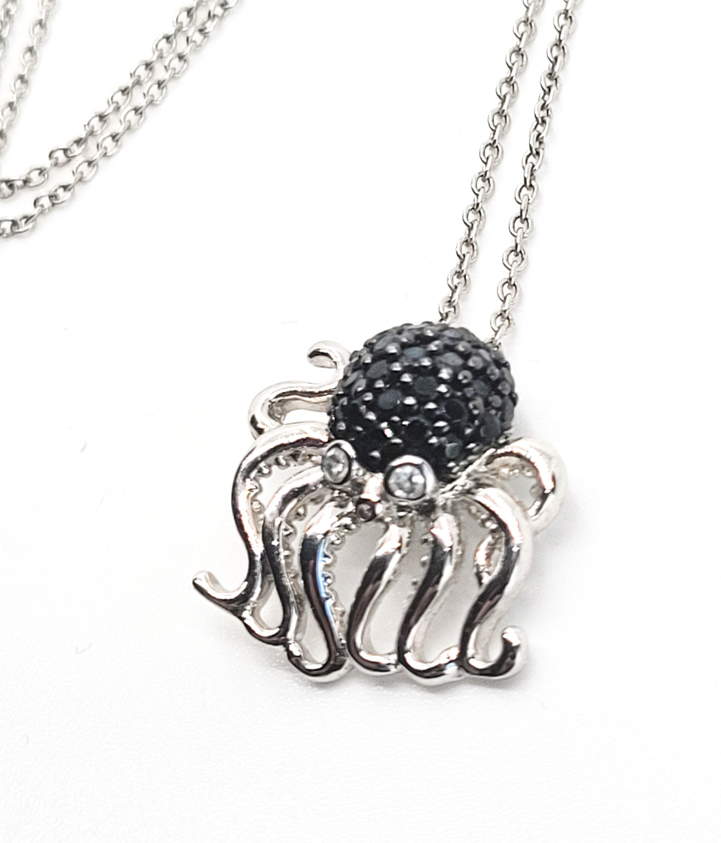 Octopus black and white Cubic Zirconia FD signed sterling silver pendant necklace