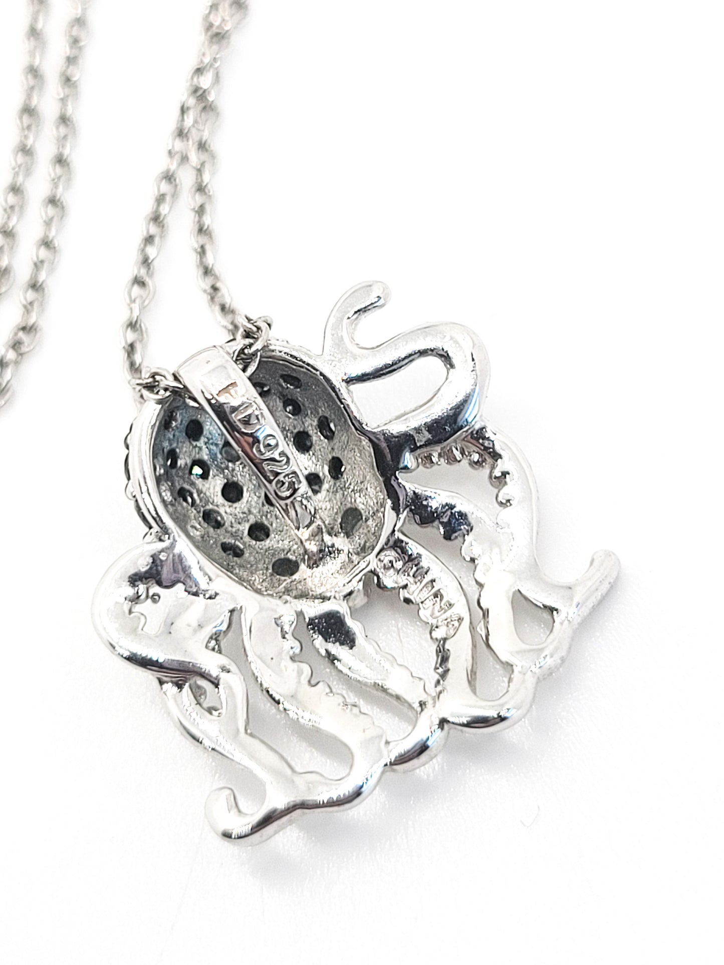Octopus black and white Cubic Zirconia FD signed sterling silver pendant necklace