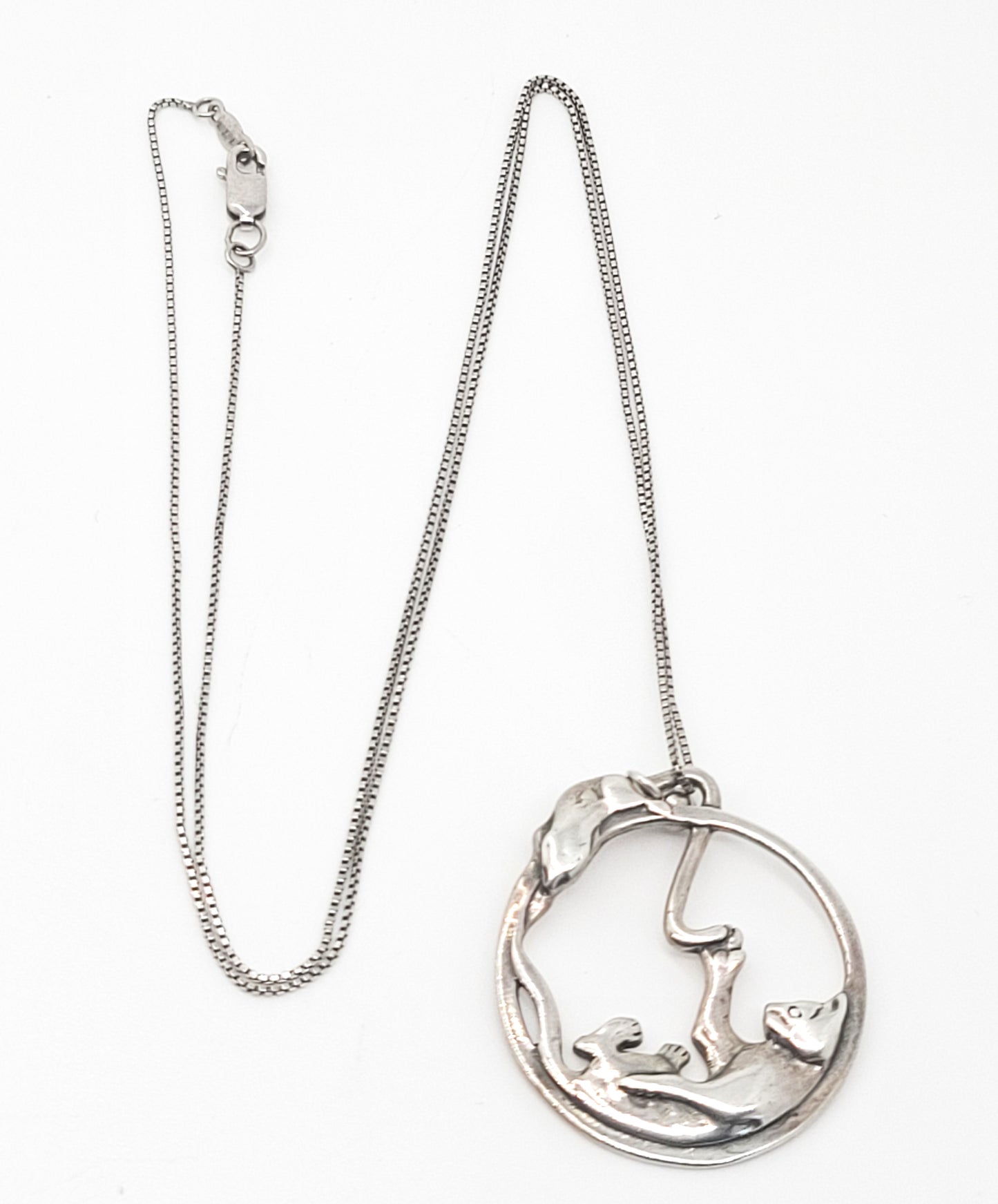 Shubes Cat and Mouse vintage figural hoop sterling silver playing kitty vintage necklace