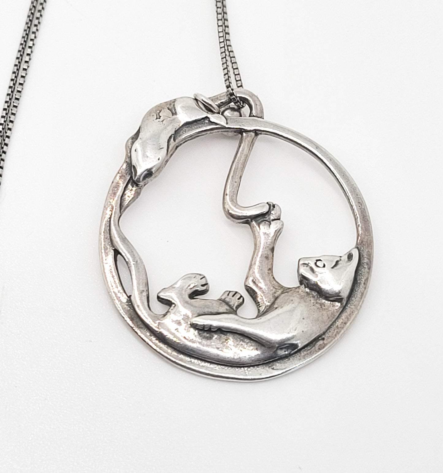 Shubes Cat and Mouse vintage figural hoop sterling silver playing kitty vintage necklace