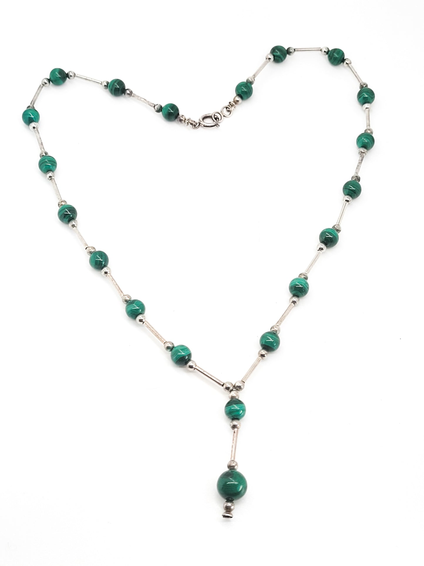 Malachite banded liquid silver beaded vintage sterling silver vintage Y necklace