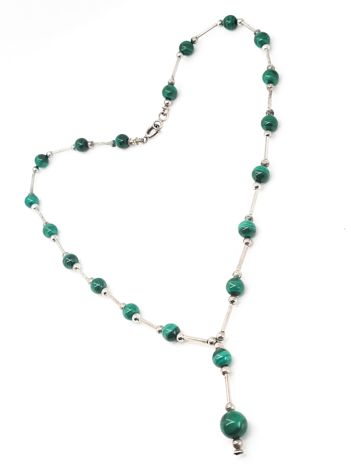 Malachite banded liquid silver beaded vintage sterling silver vintage Y necklace