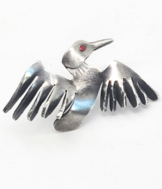 Loon watch signed C Butler vintage sterling silver flying bird tie tack brooch pin