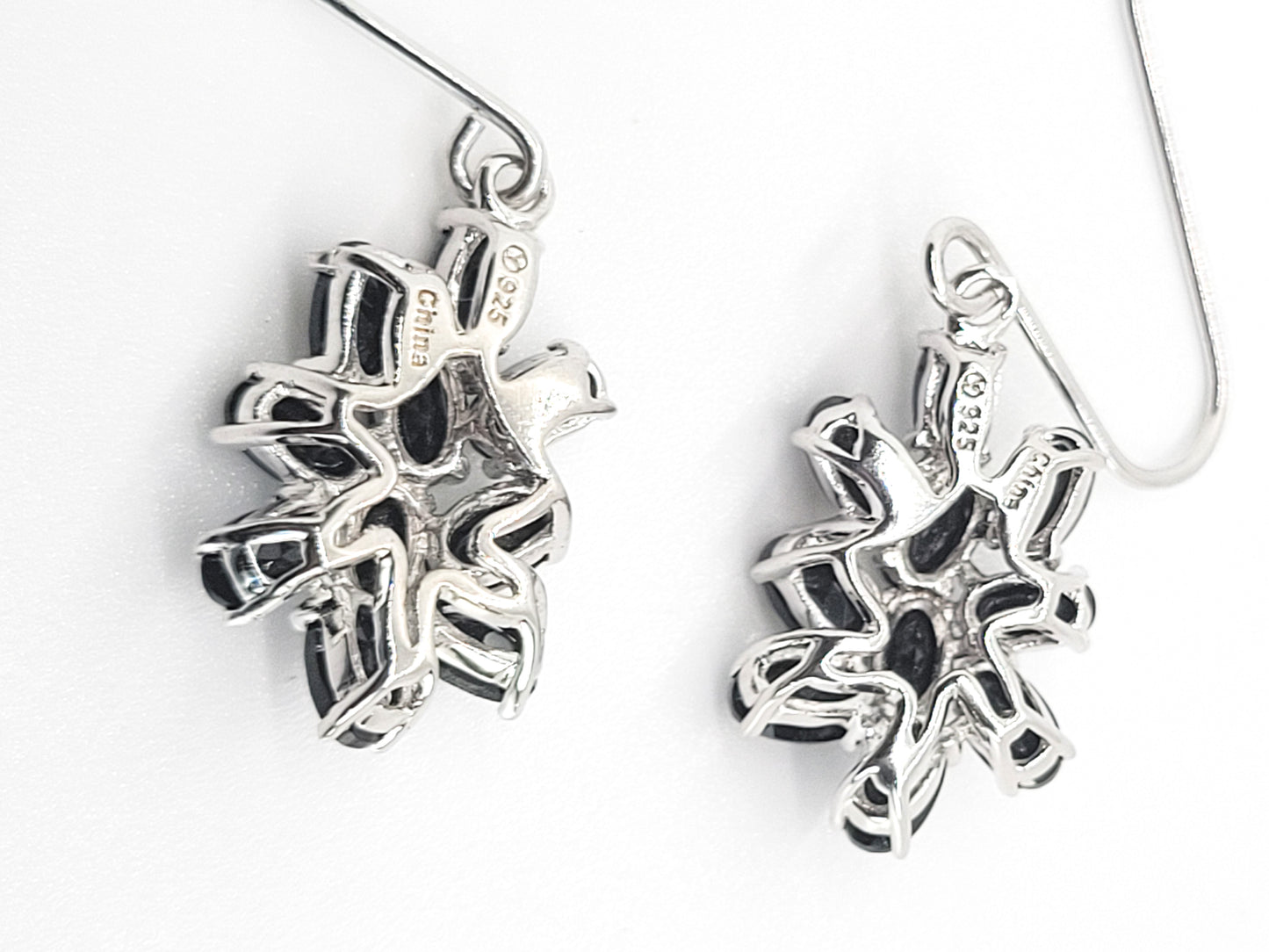 Black spinel drop faceted sterling silver cluster earrings black and silver long drop