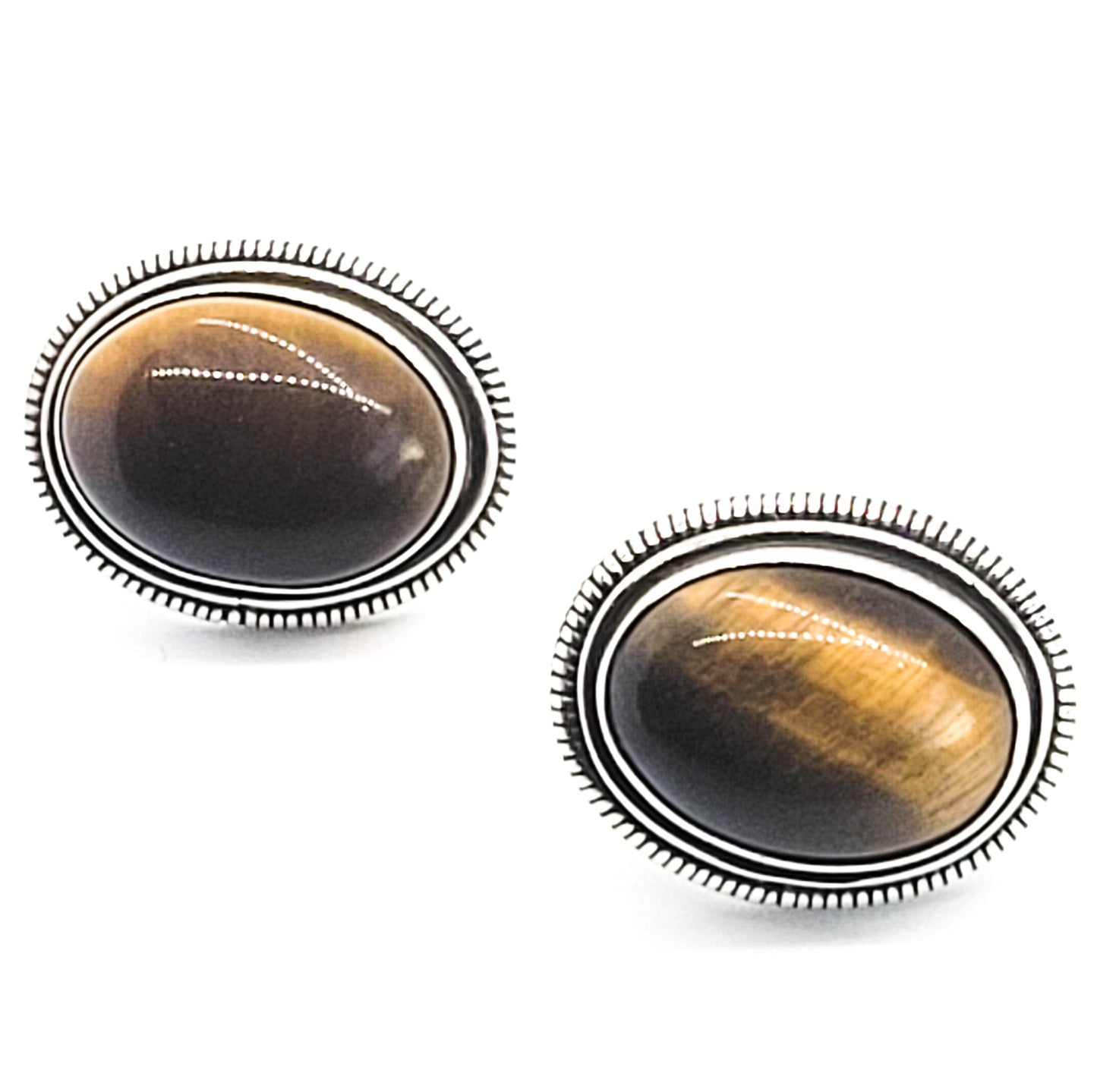 ID SSP large Tiger's Eye sterling silver domed vintage stud earrings