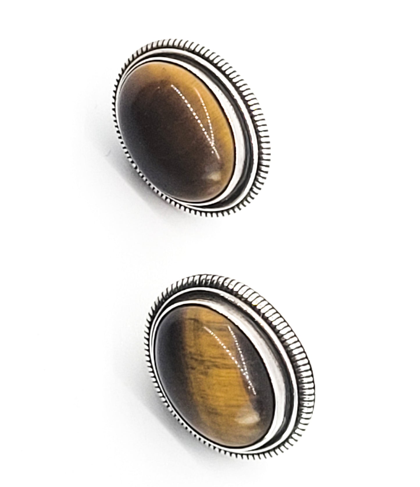 ID SSP large Tiger's Eye sterling silver domed vintage stud earrings