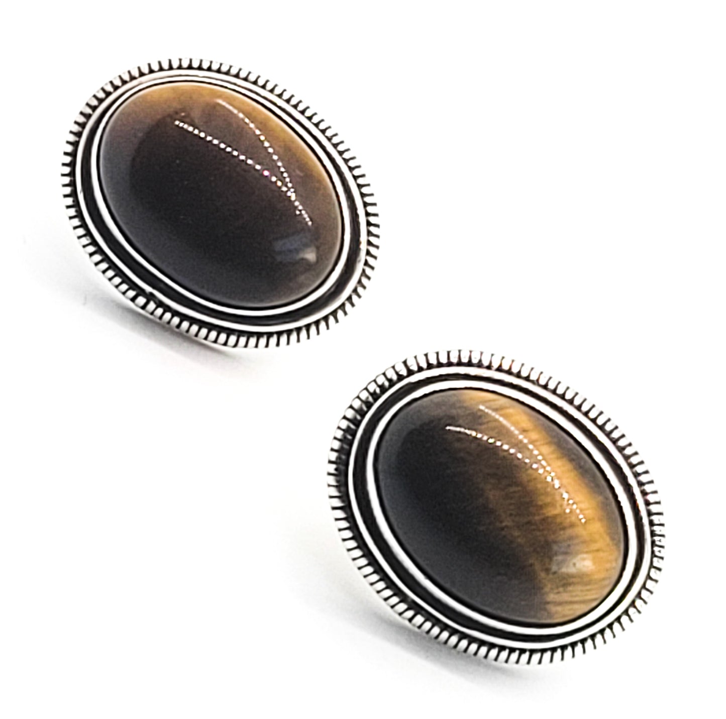ID SSP large Tiger's Eye sterling silver domed vintage stud earrings